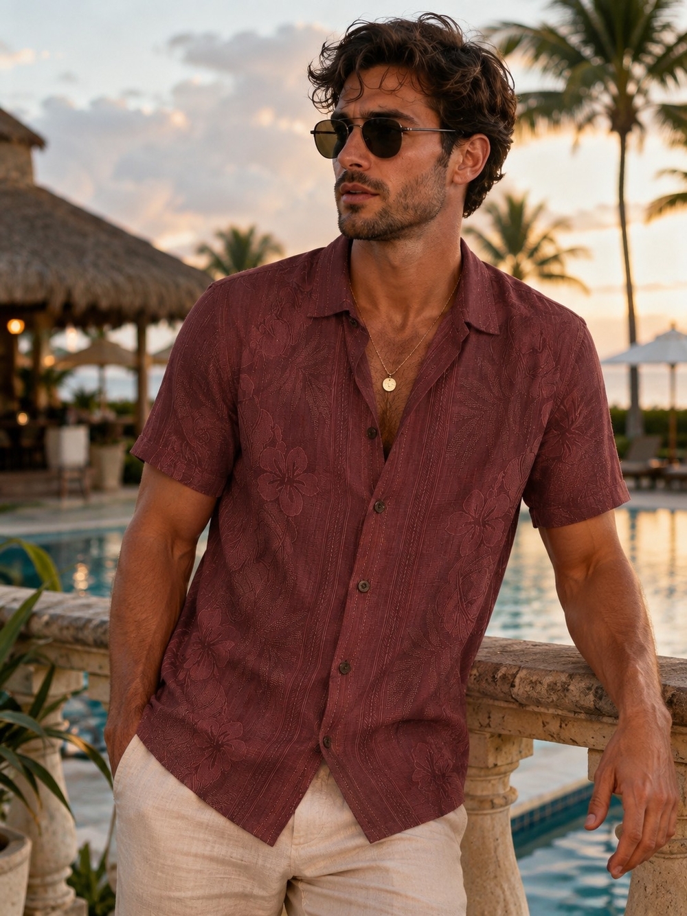 Tommy Bahama Silk Men's Short-Sleeve Button Shirt in Burgundy Floral Jacquard